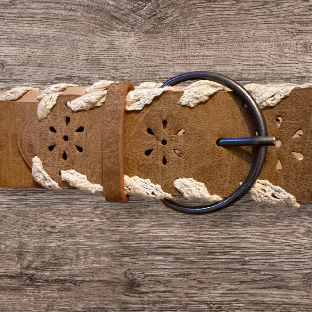 Boho Faux Suede Wide Belt – Floral Cutout + Crochet Lacing (Size 12P)